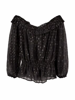 Ruffled Off-Shoulder Black Blouse with Metallic Dot Accents